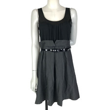 Spicysugar Dress Black Size 12 Grey Sleeveless Pleated Pinstripe Belt Business