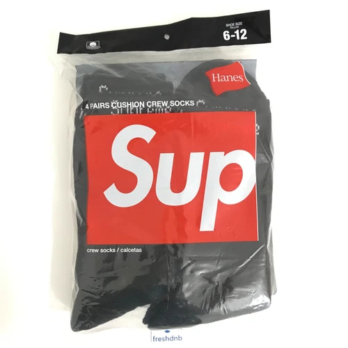 Supreme Hanes Crew Socks Black (4 Pack) - Size 6 - 12 - 100% Genuine Authentic!