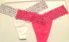 Victorias Secret Embroidered Hearts Thong Tanga Size XS-L-XL Pink-White Lace NWT