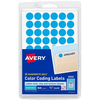 Avery Handwrite Only Removable Round Color-Coding Labels 1/2'' dia Light Blue