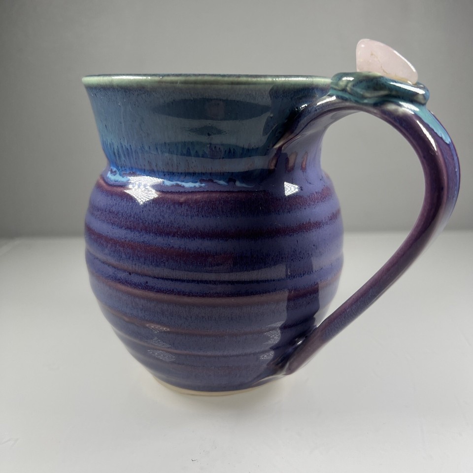 Healing Touch Pottery Purple Blue Drip Glaze Rose Quartz Stone Mug Cup