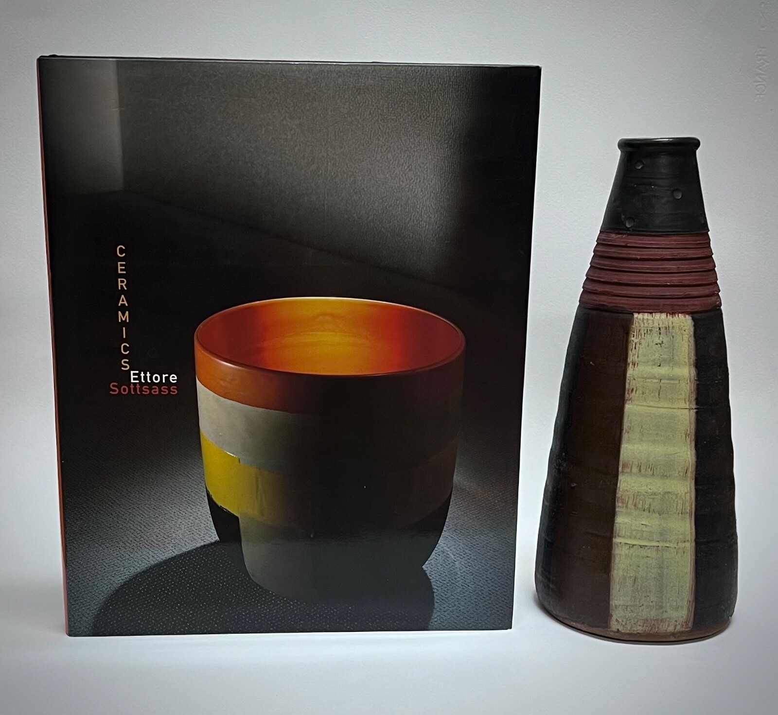 Painted and glazed stoneware vase in postmodern Sottsass-era style
