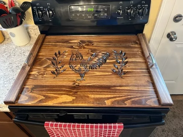 Custom Built Solid Wood Flat Glass Stove Top Cover Stained w Rooster Engraved