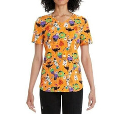 XL Scrubstar Women's Halloween Scary Sweets Spider Ice Cream Orange Scrub Top