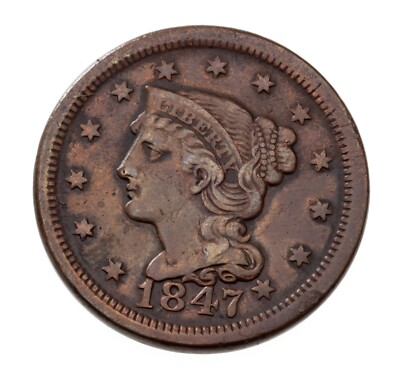1847/47 Large/Small 57 1C Large Cent in Very Fine VF Condition, Nice Overdate!