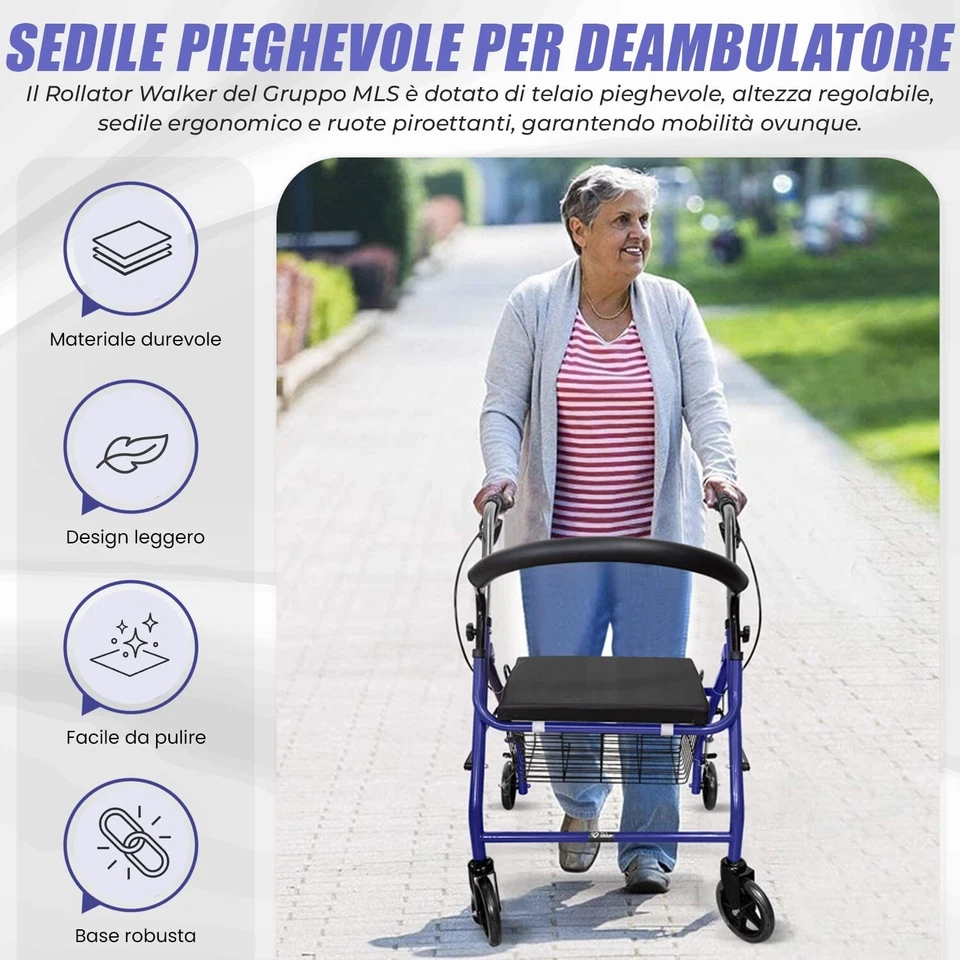 DEAMBULATORE 4 RUOTE, PIEGHEVOLE PER ANZIANI DISABILI CON SEDUTA CESTINO E FRENI - Immagine 2 di 4