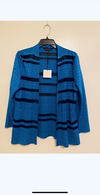 NWT Ming Wang Women s Heritage Fit Blue/Black Stripe Acrylic Blend Jacket S $310