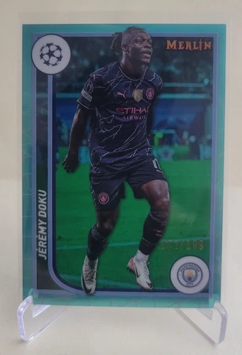 2023-24 TOPPS UEFA MERLIN JEREMY DOKU AQUA REFRACTOR #77 Ser #152/199
