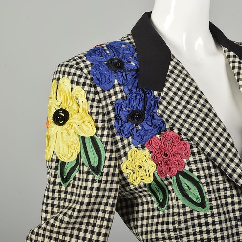 Medium 1980s Escada Blazer Black Gingham Novelty Flower Soutache Jacket VTG - Picture 9 of 12