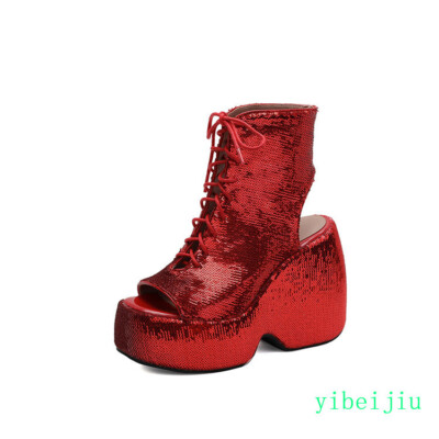 Womens Sequins Platform High Wedge Heels Ankle Boots Roman Shoes Thick Sole Club