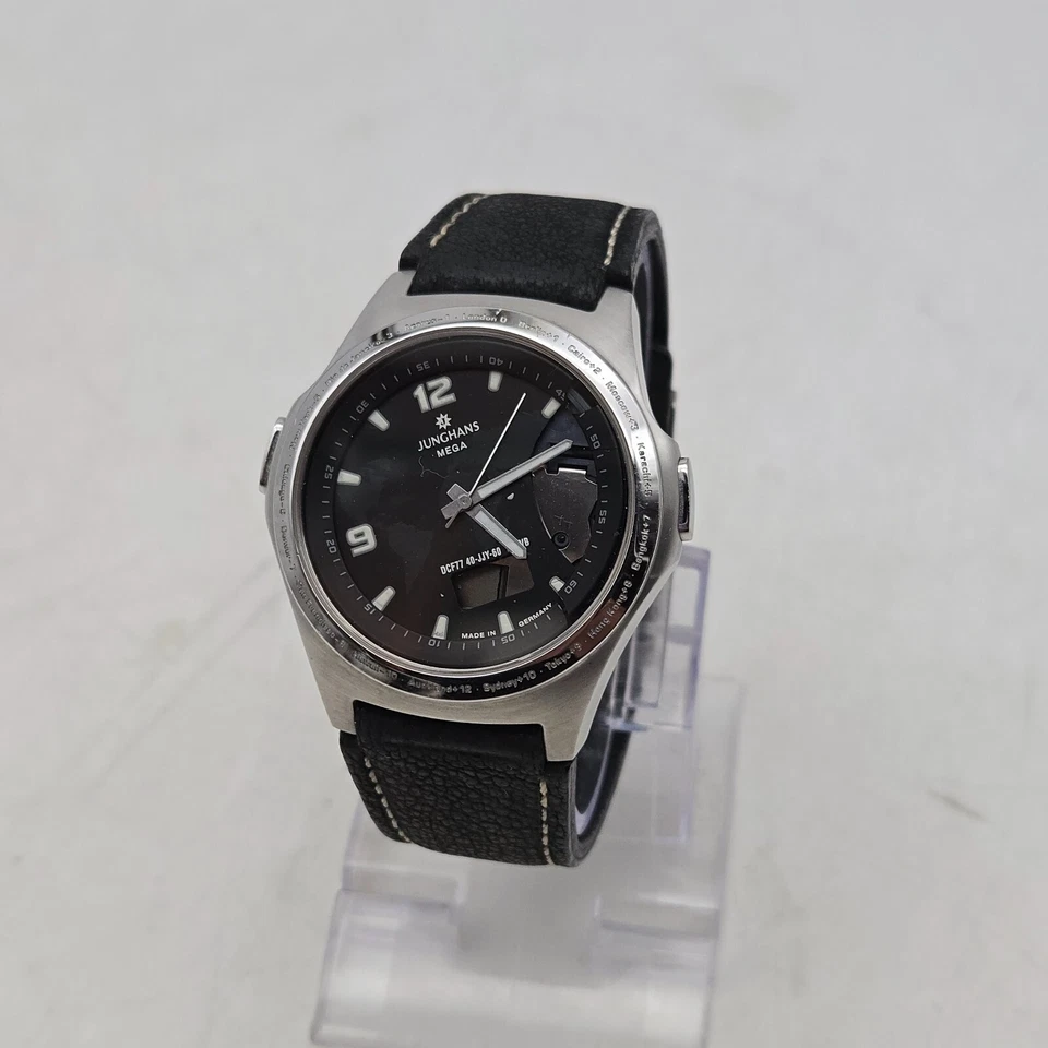 Junghans Mega Wrist Watch Radio Controlled Stainless Steel Leather World Time - Image 2 of 4
