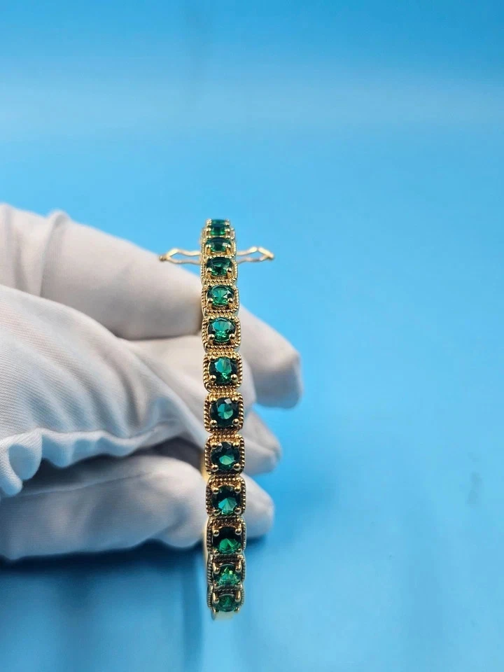 5Ct Round Lab-Created Emerald Women's Bangle Bracelet 14K Yellow Gold Plated 7" - Image 2 of 4