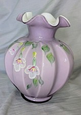 Vintage Fenton Sweetbriar Art Glass Vase Lavender Signed N. Cooper Chipped 