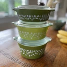 Vintage Pyrex Spring Blossom Nesting Bowls Casserole Green MCM Dish Set w/ Lids