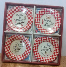 Grillin Mini Ceramic Plates Set Of ~4 New Red  / White  "Free Shipping"