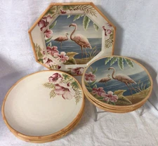 Macys The Cellar Flamingos & Tropical Flowers Dinner, Salad & Service Plate Set