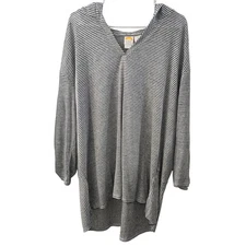 C & C California Women's 2X Linen Striped Hoodie Tunic Top Beach Nautical Coast