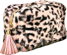 Plush Leopard Print Cosmetic/Toiletry Bag with Pink Tassel, Faux Fur Makeup Pouc