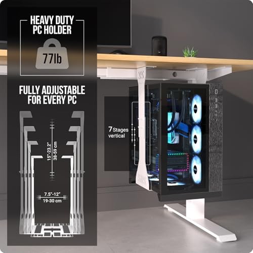 Heavy Duty Under Desk PC Holder – Up to 77 lbs Load Capacity - Adjustable White