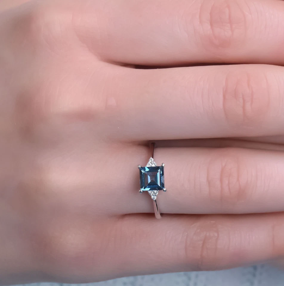 London Blue Topaz Ring Princess cut 925 sterling silver promise Ring For Women - Image 3 of 4
