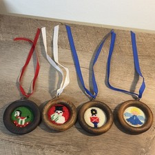 4 Vintage Needlepoint Christmas Tree Xmas Ornaments Snowman Angel Soldier Horse