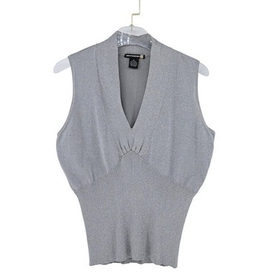 Y2K Silver Glitter Metallic Sleeveless Sweater XL Ruched VNeck Fitted Waist Vest