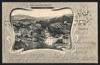Postcard Annaberg/Erzg., view of the station from the bird's eye view, in frame 1903 