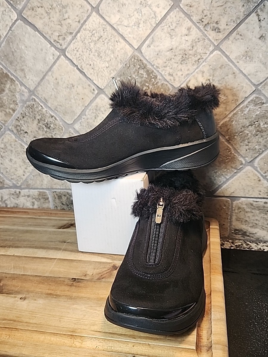 BZees Golden Faux Fur Trim Washable Slip-on Booties in Black Size
