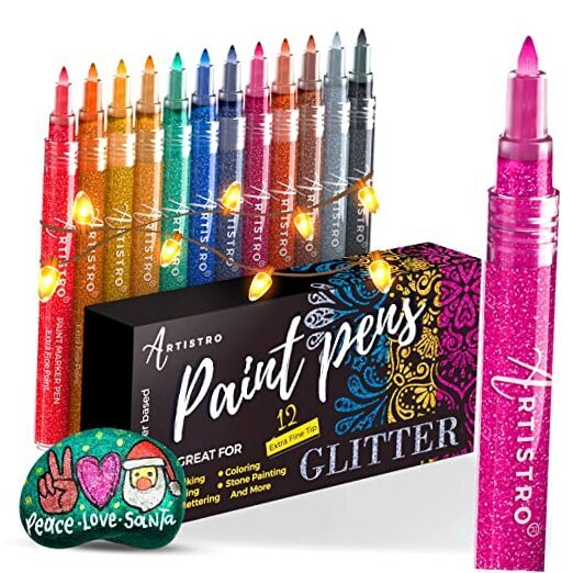 Glitter Paint Pens for Rock Painting, Stone, Ceramic, Glass, Wood, Fabric,