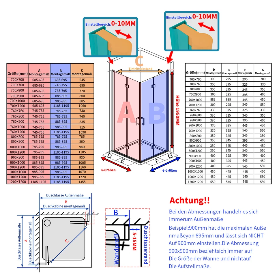 Dusche Eckeinstieg 120x90 Eck Duschkabine Falttür 80x80 Duschwand Faltbar 195H - Bild 4 von 4