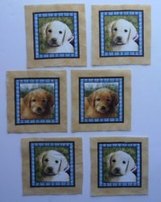 Cotton Fabric 6 Sqs - Right White, Brown Dogs, Blue Trim 2 7/8" L x 2 7/8"W