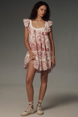 Anthropologie Maeve Flutter Sleeve Babydoll Mini Dress S 6 Flared Cotton 41931