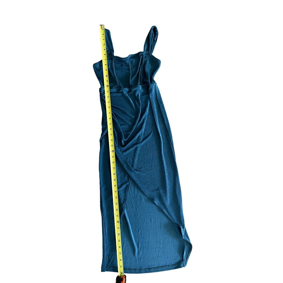 Cider Women's Teal Blue Classy Square Neck Ruched Slit Midi Dress - S | eBay