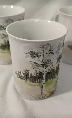 Vintage Japan Otagiri Landscape Stoneware Mugs Set 3 BIRCH TREE MOUNTAIN LAKE 