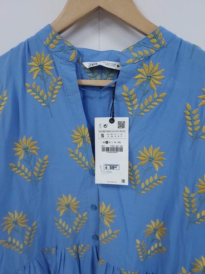 LADIES BNWT NEW ZARA CORNFLOWER BLUE & YELLOW EMBROIDERED SUMMER DRESS