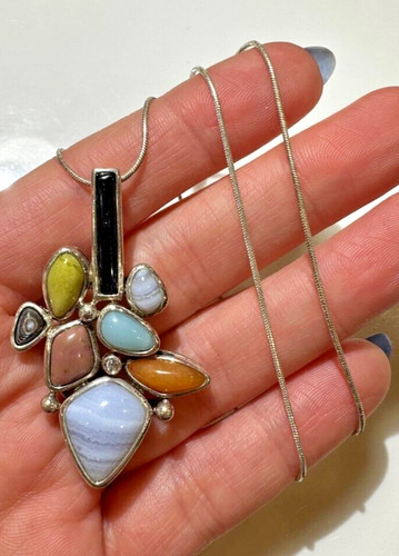 Vintage Exquisite Sterling Silver Lace Agate Abalone Shell Stones Necklace 2F 2