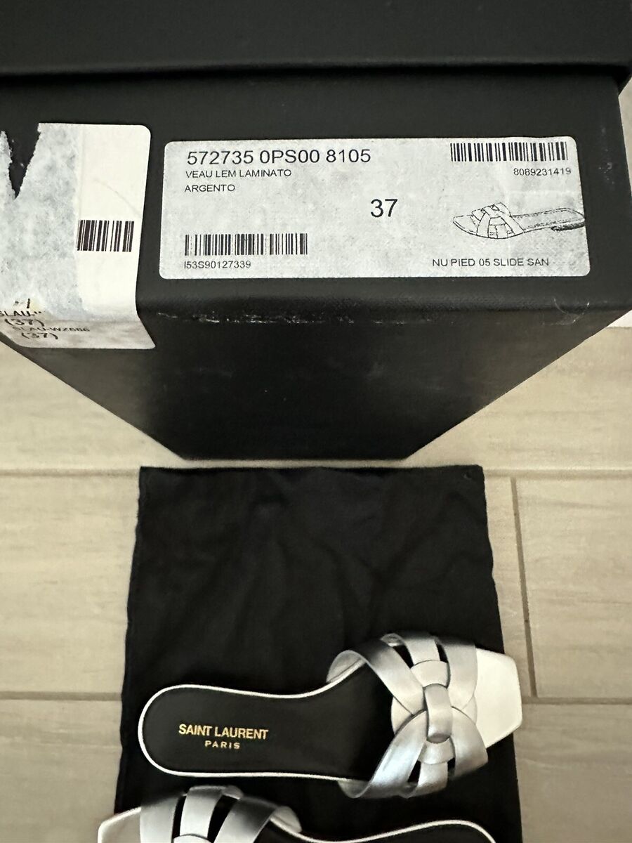YSL SAINT LAURENT SILVER LEATHER TRIBUTE FLAT SANDAL SHOE YSL SAINT LAURENT SILVER LEATHER TRIBUTE FLAT SANDAL SHOE