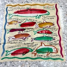 MAN HANKY JAPAN CREAM RED GREEN DOLPHINS FISHS COTTON POCKET ART SQUARE 18   M55