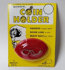 Vintage 1967 QUIKOIN Coin Holder Red Squeeze Key Chain NOS NEW SEALED Quikey USA