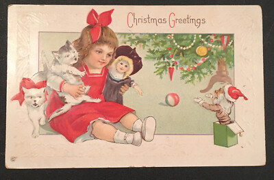 c1910 Christmas Postcard Jack in the Box Santa w/ Cats Series 338