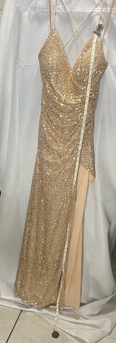 cinderella divine dress Gold Size Large Long Sequins Thigh High Slit Stretch - Picture 2 of 14
