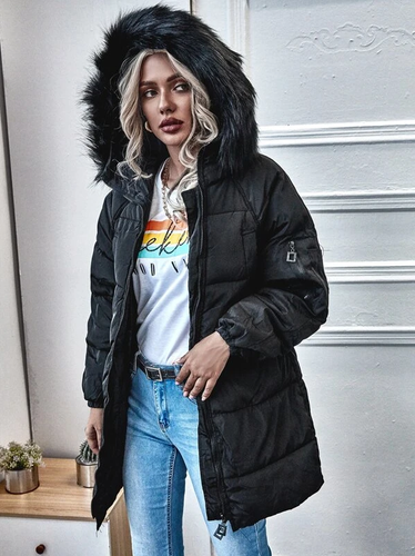NEW Contrast Faux Fur Zip-up Hooded 