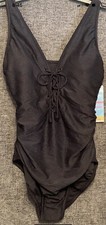 Swim Solutions Black Chevron Lace Up One Piece Size 8 Tummy Control New W/ Tags