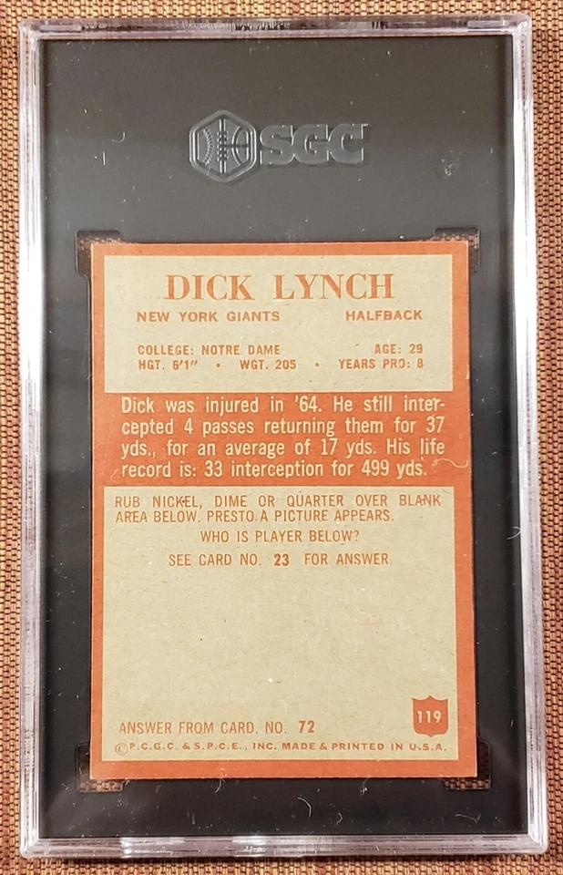 1965 Philadelphia #119 Dick Lynch New York Giants Football Card SGC 8 NM/MT - Image 2 of 2