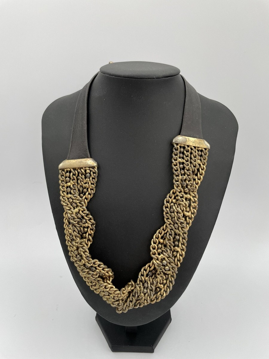 Vintage Ellen Tracy Gold Tone Necklace Multi chain Multilayer Faux Leather