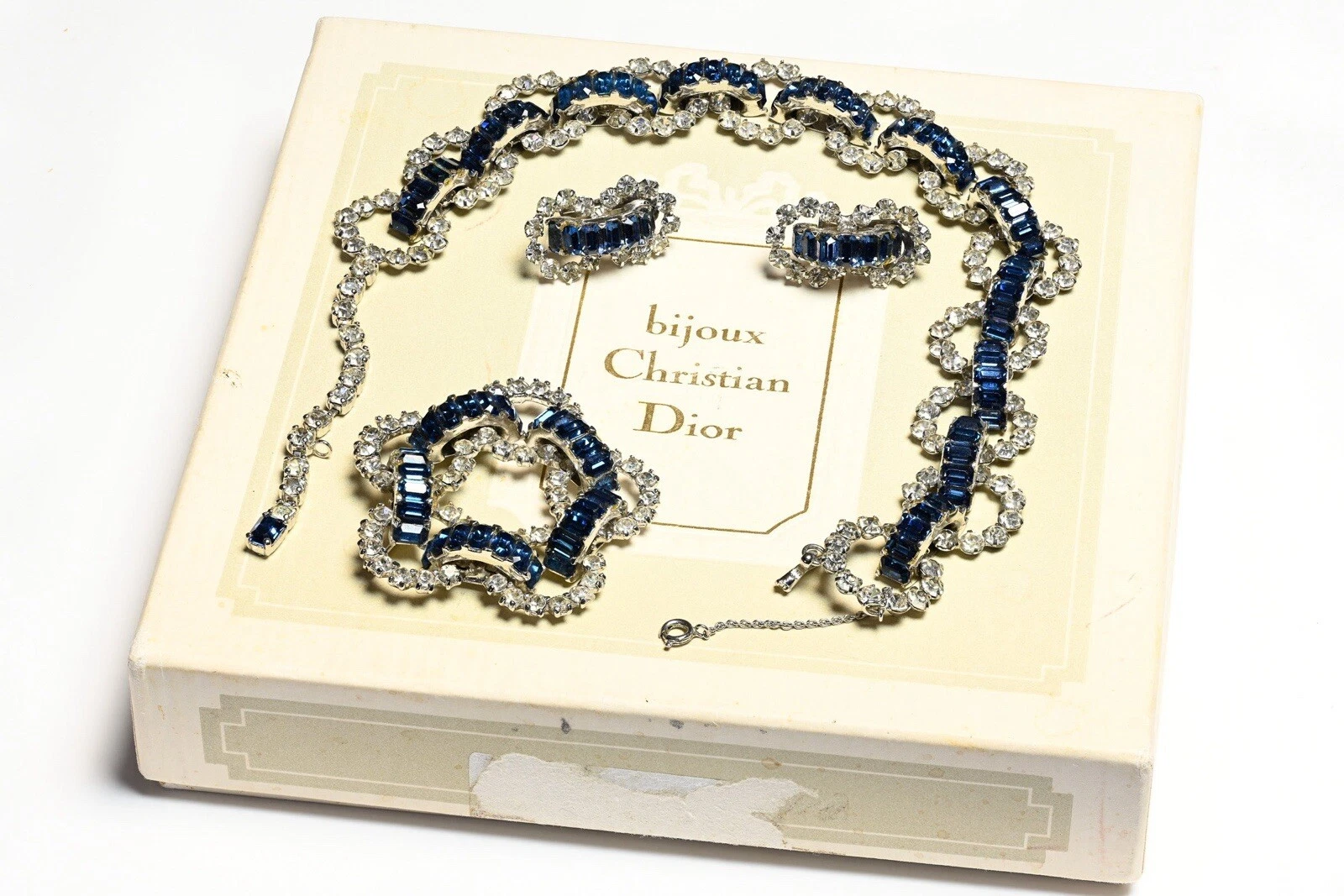 Ensemble broche collier boucles d'oreilles Christian Dior années 50 Mitchel Maer cristal bleu