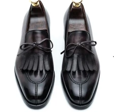 Handmade Men Black Slip on Shoes with Fringes, Men Black Formal Dress shoes