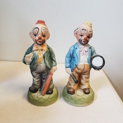 As-is 2 Pair Vintage Sad Clown Circus Porcelain Hand Painted Figurines Taiwan 5''