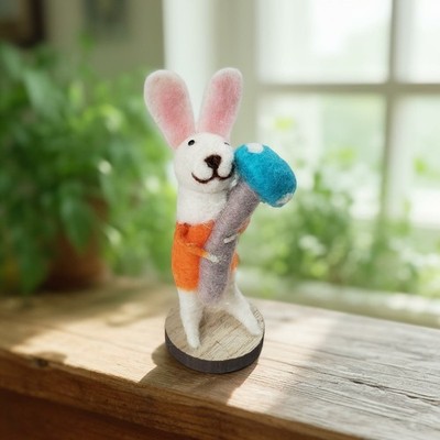World Market Felted Wool White Rabbit Holding Mushroom Easter Decor NWT