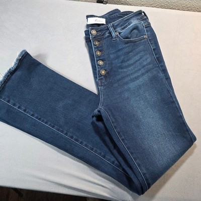 KanCan High Rise Flare Jeans Dark Wash Button Fly Raw Hem KC7138D Size 9 (28)